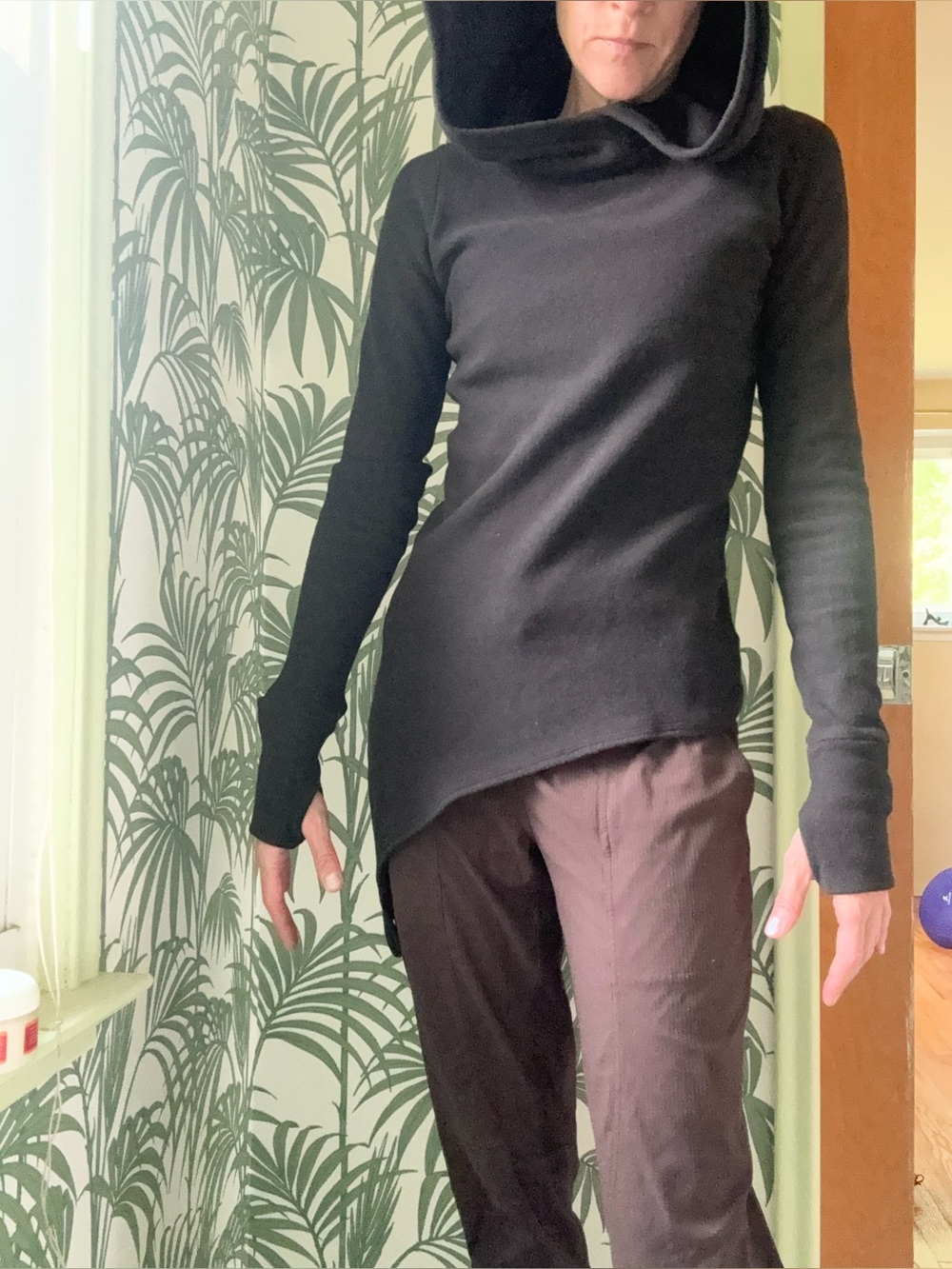 Black Asymmetric Hooded Long Sleeve cozy fleece stretch Top